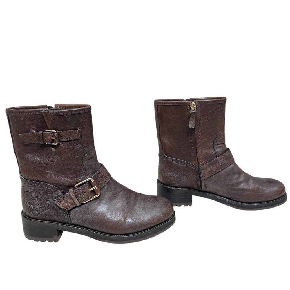 Tory Burch Chrystie Leather Moto Buckle Boots Dark Brown Women's size 7.5 - Picture 1 of 14